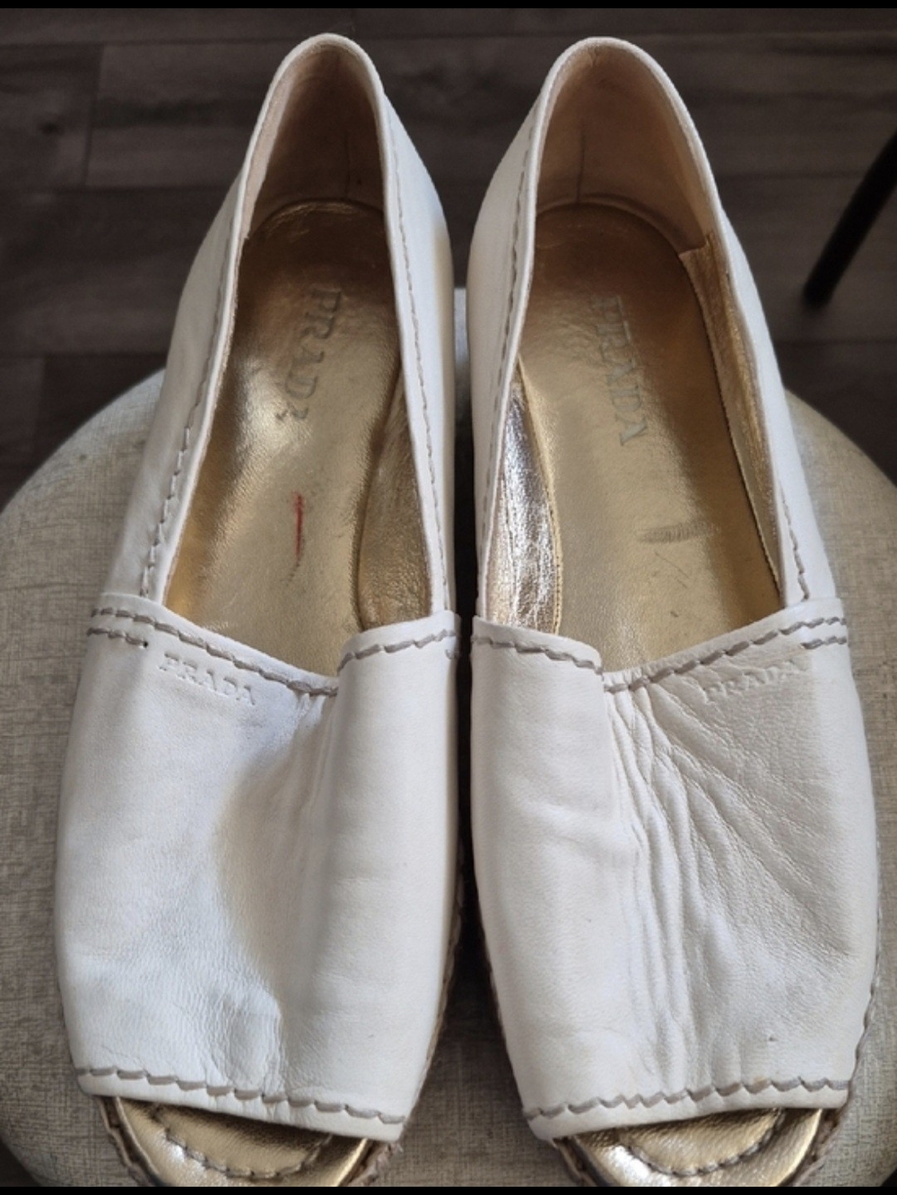 Prada White Leather Peep-Toe Slip-On Espadrilles Flats with Gold Insole